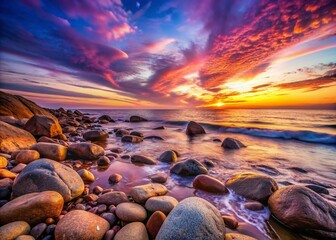 Obraz premium Vibrant rocks in shades of pink, orange, and purple line the serene beach shoreline, popping against the soft pastel hues of the tranquil sunset sky.