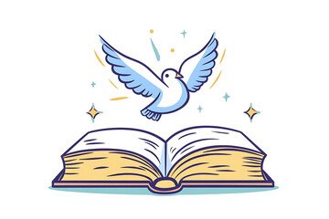 the biblical story of a white dove hovering over an open book, symbolizing peace, knowledge and freedom in a minimalistic design.
