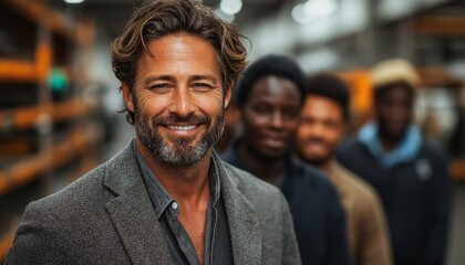 Obraz premium A man with a beard and a hat is smiling at the camera. He is surrounded by three other men, all of whom are smiling as well. Concept of camaraderie and happiness among the group