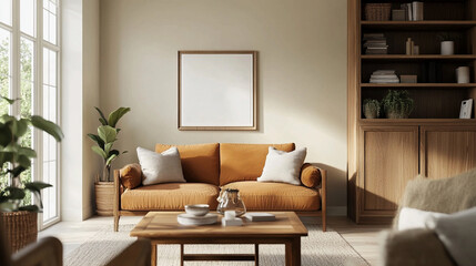 Maqueta minimalista de salón moderno con sofá en tonos ocres y decoración natural