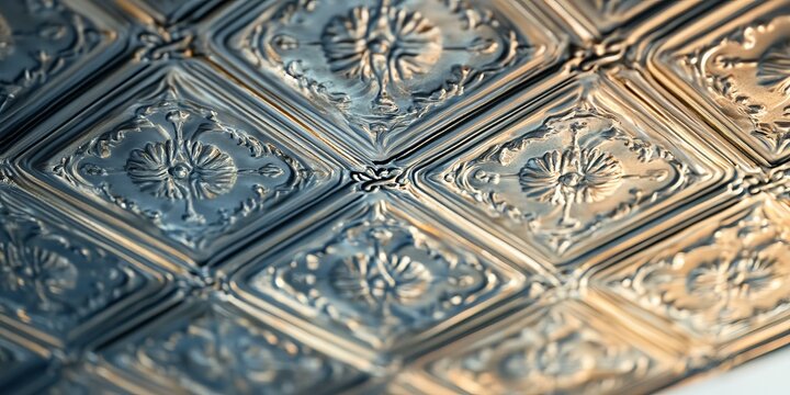 Ornate metallic ceiling tiles with floral patterns.