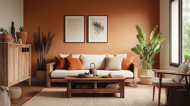 Sal&oacute;n moderno con tonos tierra y decoraci&oacute;n natural con cuadros en la pared.