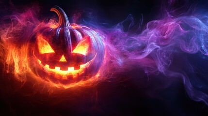 Fiery Halloween Pumpkin with Glowing Eyes and Purple Smoke