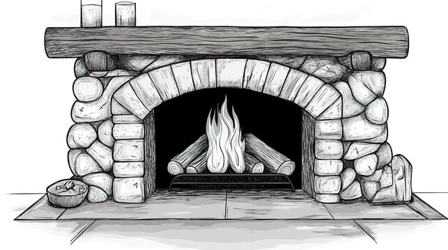 A monochrome vector cartoon of a stone fireplace featuring textured wood accents, showcasing a cozy fire, creating a warm and inviting atmosphere ideal for illustrating comfort and relaxation in home 
