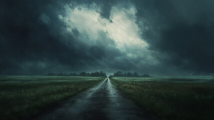 There is a dark picture of a mountain with a river in it
