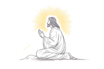 Illustration of Jesus Christ kneeling in prayer with a radiant sun halo behind him, symbolizing faith, spirituality, and devotion.
