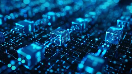 Blockchain technology background with interconnected digital blocks and secure cryptographic algorithms