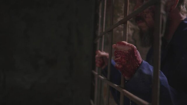 a close-up of the bloodied hands of a man in blue clothes holding onto the bars