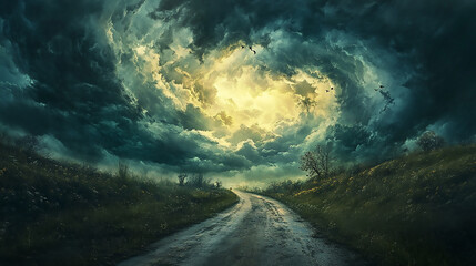 Naklejka premium Dramatic Storm Clouds Over Rural Path Celestial Cosmic Highways 