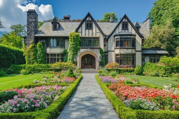 A picturesque mansion surrounded by vibrant gardens and a stone pathway.