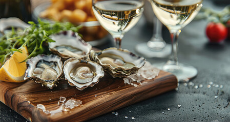 Fototapeta premium Close up Fresh oysters and white wine with vegetables on wooden board. Generative AI.