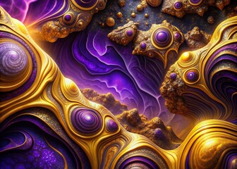 Vibrant purple and gold hues intertwine in a swirling abstract pattern, evoking a surreal rock formation that transcends reality, mesmerizing the viewer with its otherworldly beauty.