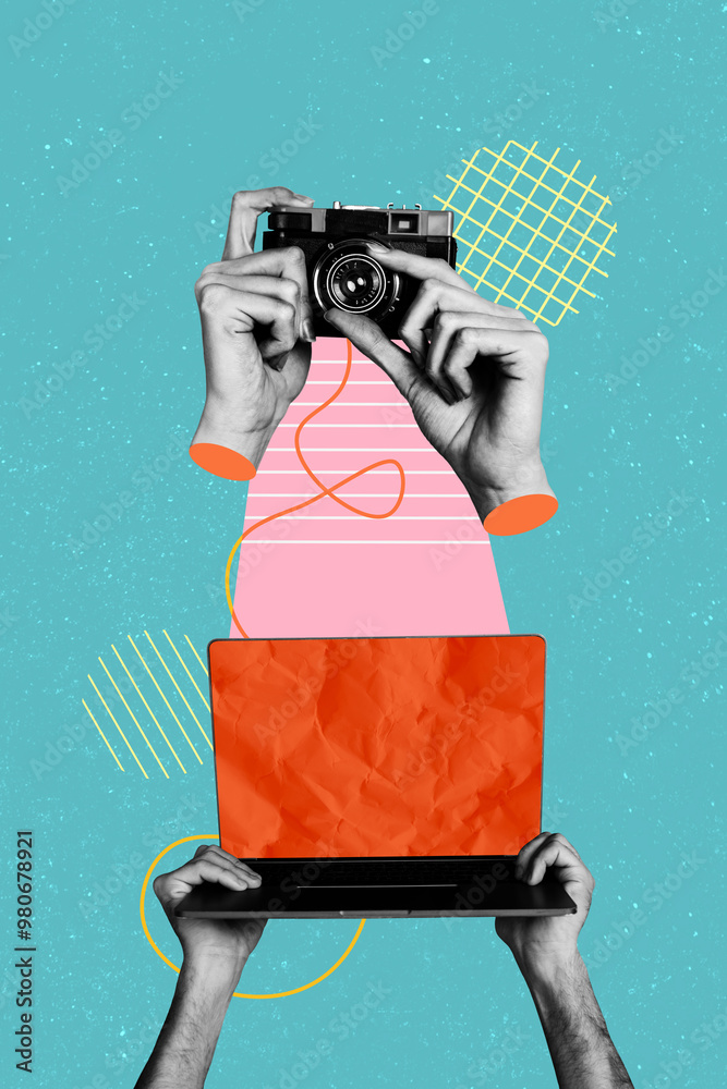 Fototapete vertical poster collage laptop digital device computer camera shooting paparazzi lens objective scre