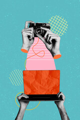 Vertical poster collage laptop digital device computer camera shooting paparazzi lens objective...