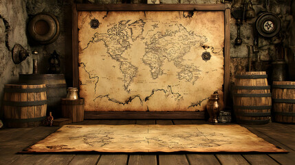 Vintage World Map Framed on a Wooden Wall with Barrels and Other Objects, 3D Rendered