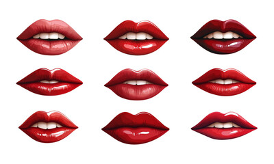 Obraz premium Set of realistic female lips with different expressions, including an open mouth and a smile, in a red color, isolated on a white background.