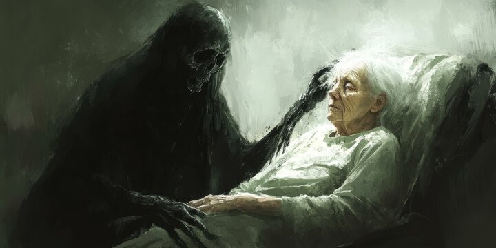 Dark figure comforts elderly woman in bed.