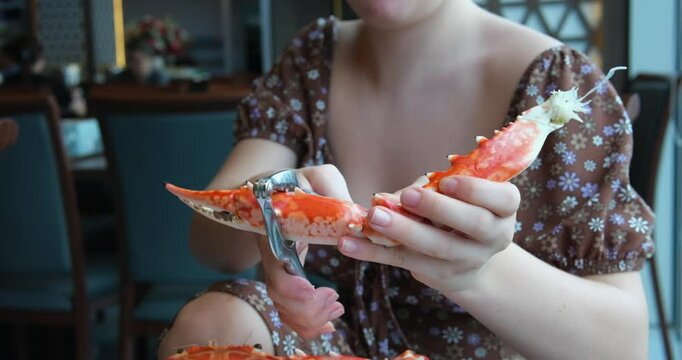 Removing crab meat from leg in kitchen. Chef cracking Alaskan Red King crab leg and removing meat. Norwegian Red King Crab, Close Up. Cooked organic seafood delicacy.