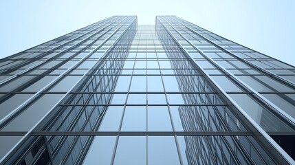 A striking 3D visualization of a silver tall glass building, showcasing modern architectural design with sleek lines and reflective surfaces, set against a clear blue sky, symbolizing innovation 