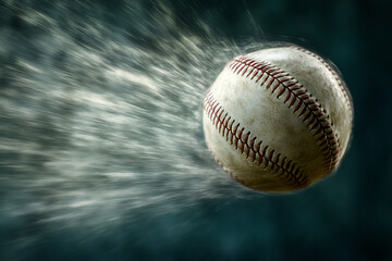 A baseball spinning midair, frozen in motion, captures dynamic energy of game. blurred background emphasizes its speed and excitement, making it striking image