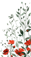 A digital watercolor painting of red flowers and green leaves against a white background. The style is simple and elegant, perfect for creating a romantic or floral-themed design.