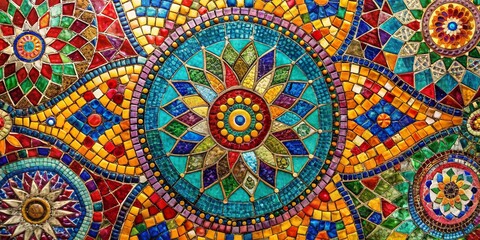 Vibrant abstract mosaic stone wall or floor texture featuring bold colors, intricate patterns, and stunning stained details ideal for eye-catching backgrounds and banners.