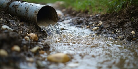 Fototapeta premium Water flowing from pipe into muddy stream.