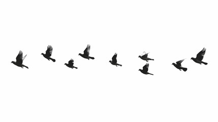 A Flock of Pigeons Soaring Through a Clear Sky in a Beautiful Silhouette Against a White Background