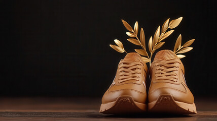 Golden laurel wreath resting on a golden running shoe, symbolizing victory in a marathon or track race