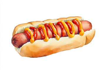 A watercolor illustration of single hotdog topped with ketchup and mustard, showcasing its deliciousness and inviting appearance. Perfect for food lovers!