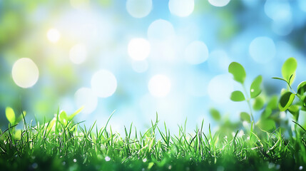 Obraz premium Artistic backdrop featuring soft focus and room for words Vibrant spring field with lush green grass and clear blue sky