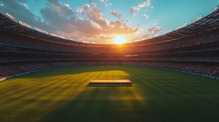 Empty stadium with green grass and a sunset sky.