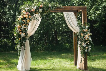 Elegant wooden wedding arch adorned with floral decorations, outdoor garden ceremony, wedding inspiration concept