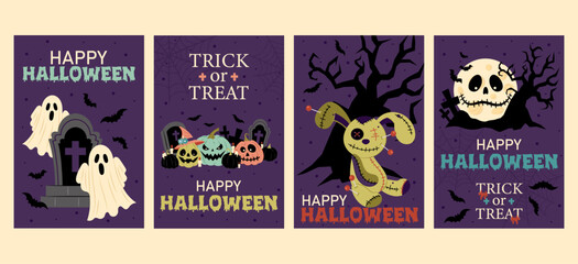 Halloween poster, covers, flyer, banner or postcards set. Hand drawn calligraphy and cute spooky elements. Vector illustration templates.