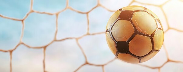 Golden soccer goal net illuminated by sunlight, with a gleaming golden soccer ball midair, about to hit the back of the net