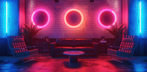 Podcast room with chairs and table, neon lights, retro style. Generative AI.
