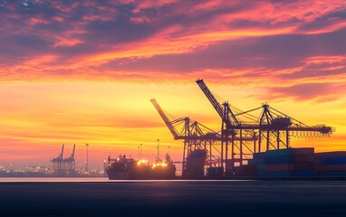 Fototapeta premium Silhouetted cranes and a cargo ship stand against a vibrant sunset over a busy port.