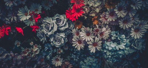 Vintage artificial flower arrangement with a mix of red, white, and gray flowers, showcasing a Hong Kong theme.