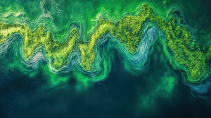 Abstract Aquatic Art:  A mesmerizing aerial view of vibrant green and blue water swirls, resembling an abstract painting, capturing the beauty and complexity of nature's artistry.  