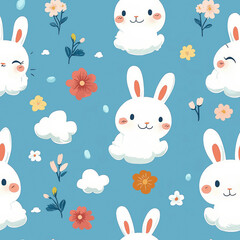 Cartoon Fluffy Bunny Design With Repeating Pattern, Cute Flowers, And Clouds With Anime Smiley Style Faces. Pastel Color. Seamless Pattern