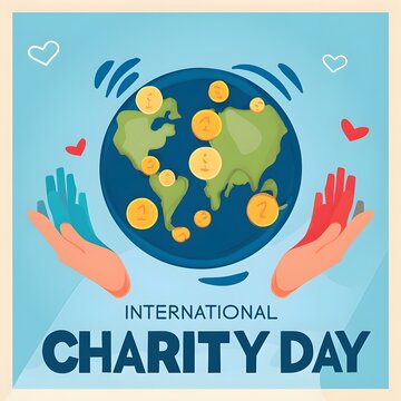 Happy International Charity Day Greeting With Hand Holding Earth. Charity Day Banner Poster Vector Flat Design