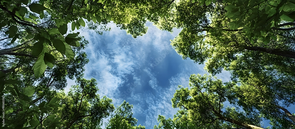 Wall mural Lush green foliage set against a vibrant blue sky forming a beautiful nature scene with a canopy of towering trees framing the copy space image