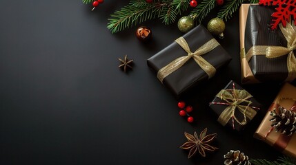 A captivating business gift holiday picture set against a black background. There are beautifully wrapped gifts with shiny ribbons and bows. Some gifts might be in boxes, while others are in bags