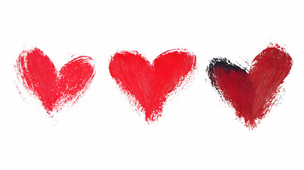 Three Red Hearts Painted with Strokes on White Background