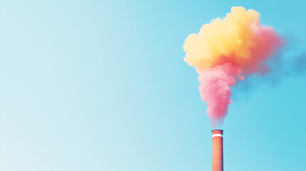 Industrial smokestacks belching multicolored smoke into a clear sky, with the bright colors creating a visually arresting image. The clear blue sky provides stark contrast, highlighting the issue of