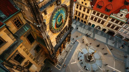 Aerial View of Prague's Astronomical Clock and Square