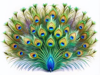Obraz premium Vibrant peacock feather spreads majestically across a clean white background, showcasing its stunning iridescent blues and greens in a mesmerizing display of natural beauty.
