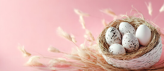 Obraz premium Easter greeting card with white basket of quail eggs and dry grass branch on pink background featuring copy space image for a religious themed pastel colored spring design