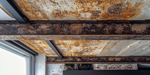 Rusty beams and stained concrete ceiling.