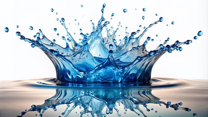 High-impact water splash isolated on white background, featuring transparent PNG format, hundreds of tiny water droplets frozen in mid-air, creating a mesmerizing blue liquid explosion.